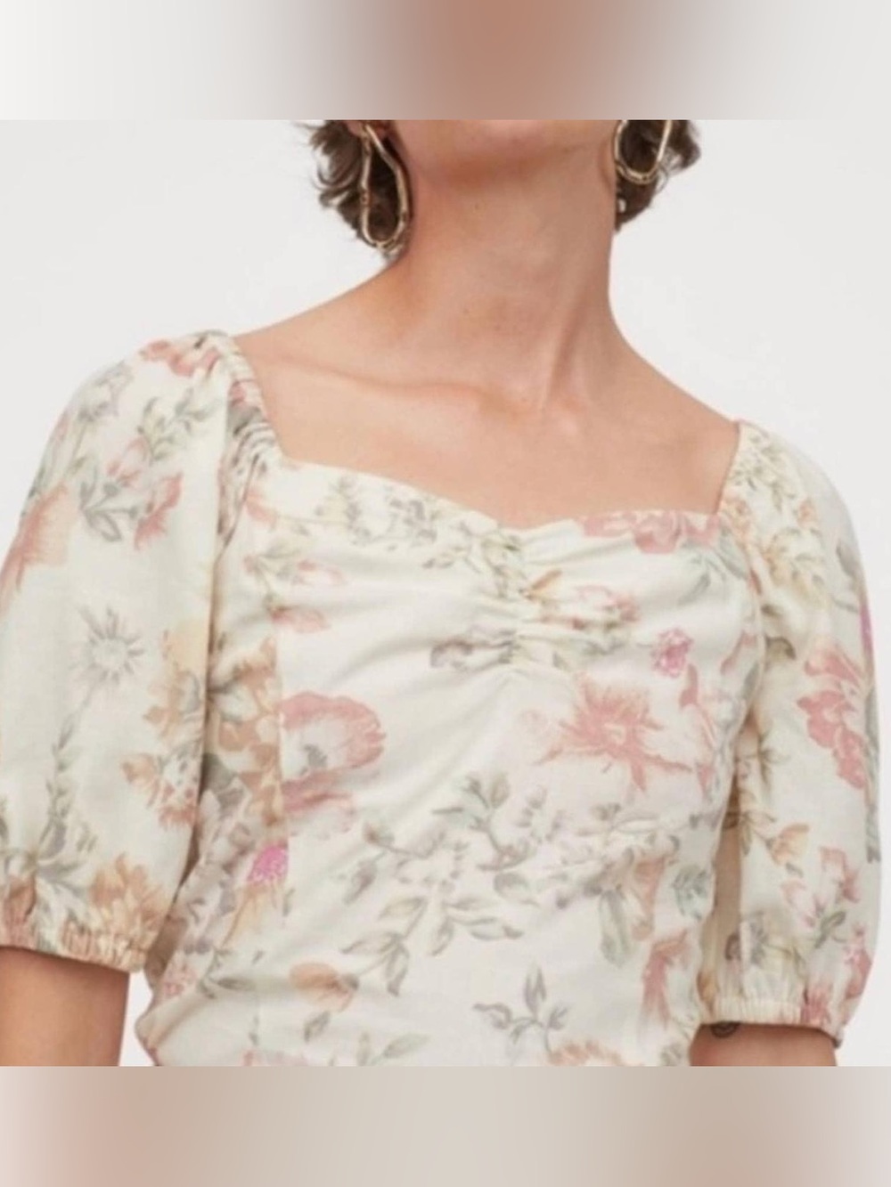 H&M Cream Floral Puff-Sleeve Croptop